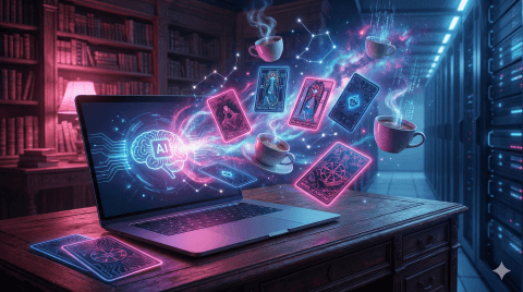Yapay zeka ile kahve falı ve tarot bakan laptop, mistik ve teknolojik arka plan."